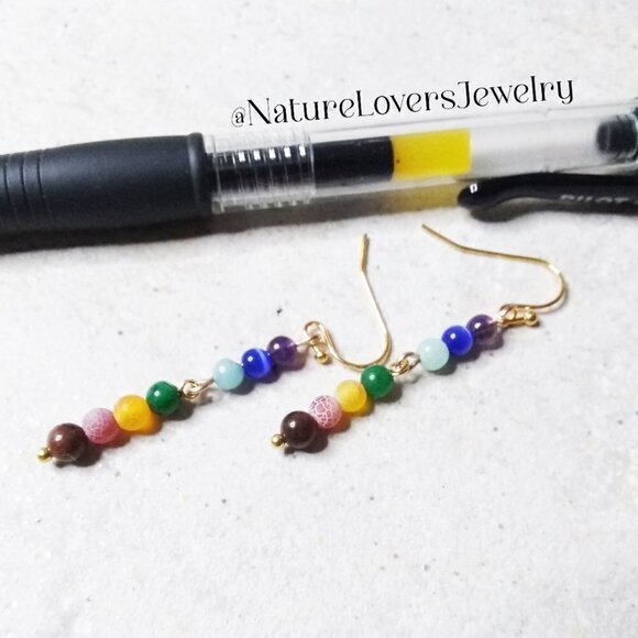 7 Chakra Earrings! Dainty + Slim Dangle Earrings with Semi Precious Stones - Picture 1 of 11